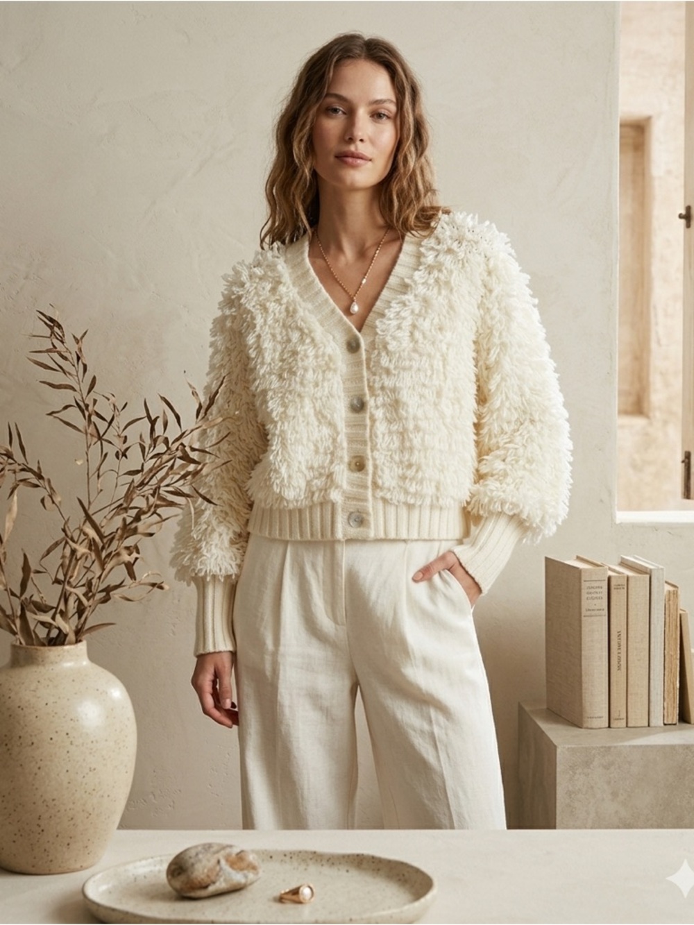 Farm Rio Off White V-Neck Textured Knit Cardigan Mother of Pearl NWT Medium